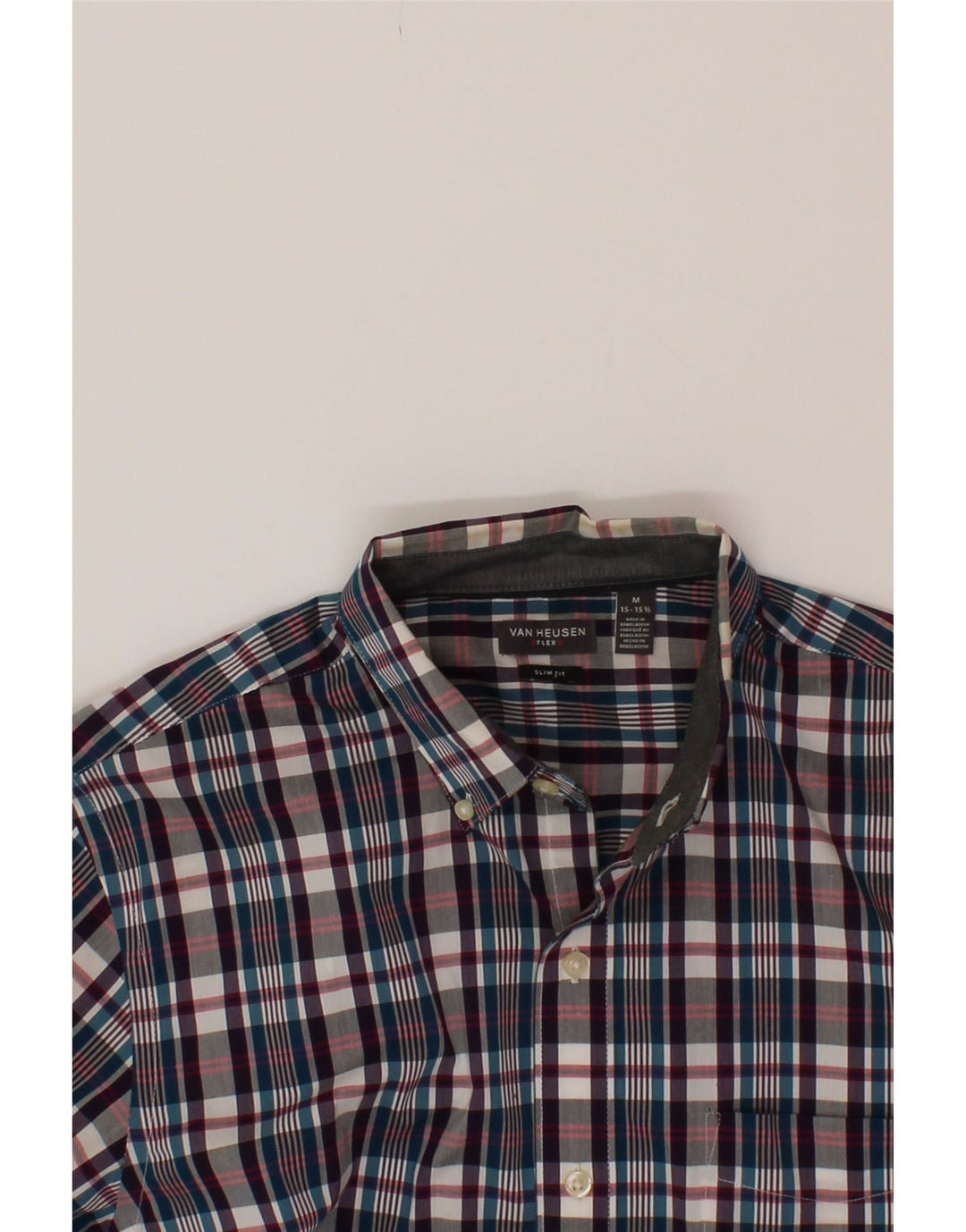 VAN HEUSEN Mens Flex Slim Fit Shirt Size 15 1/2 Medium Burgundy Check Vintage Van Heusen and Second-Hand Van Heusen from Messina Hembry 