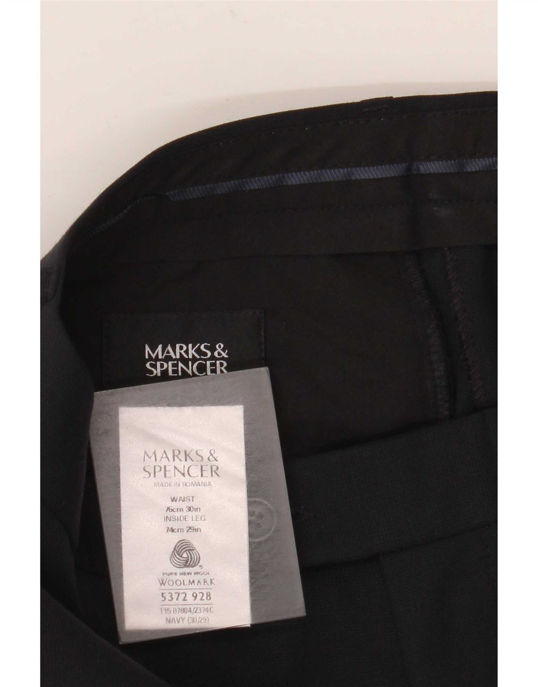 Pantaloni da abito dritti da uomo Marks & Spencer W30 L29 Blu navy in lana vergine