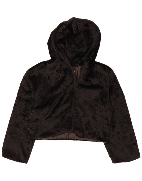Giacca bolero vintage da donna con vestibilità rilassata in pelliccia sintetica con cappuccio UK 14 grande nera
