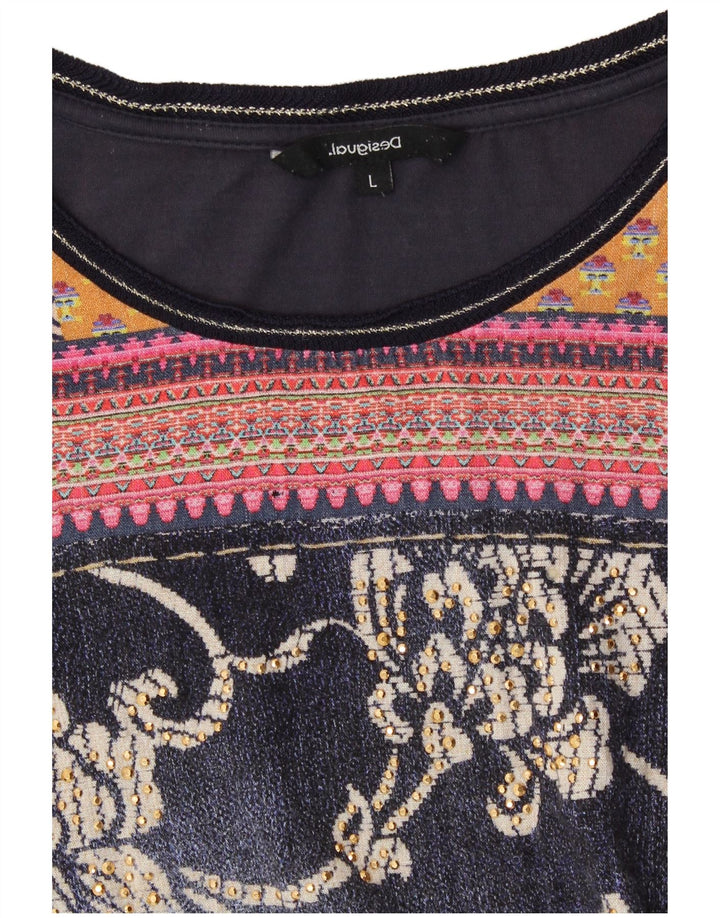 DESIGUAL Top grafico da donna manica 3/4 UK 14 grande grigio floreale