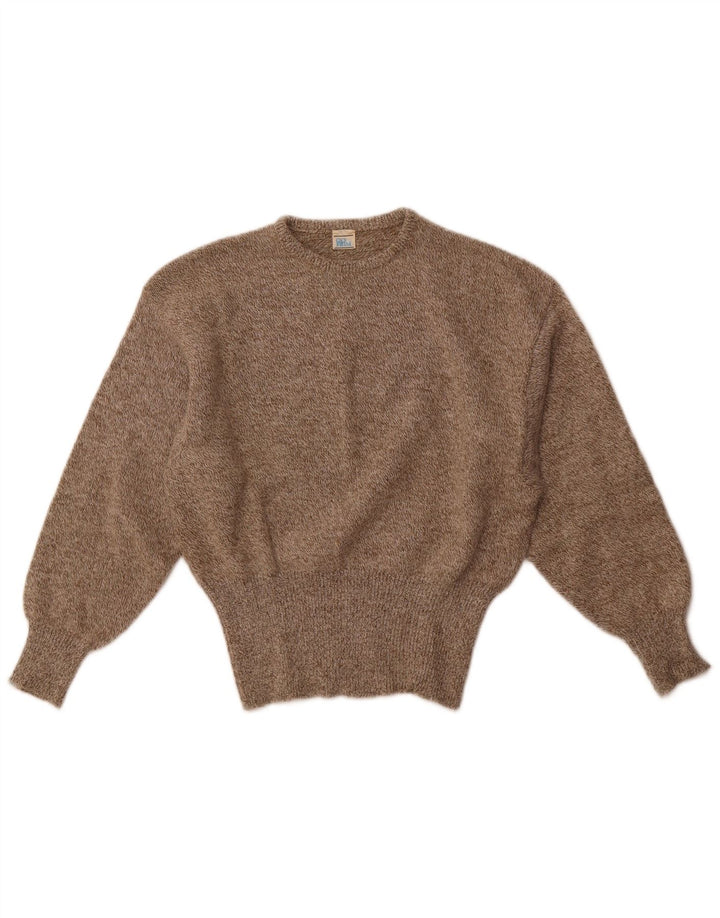 Maglione maglione girocollo da donna vintage UK 14 lana marrone medio