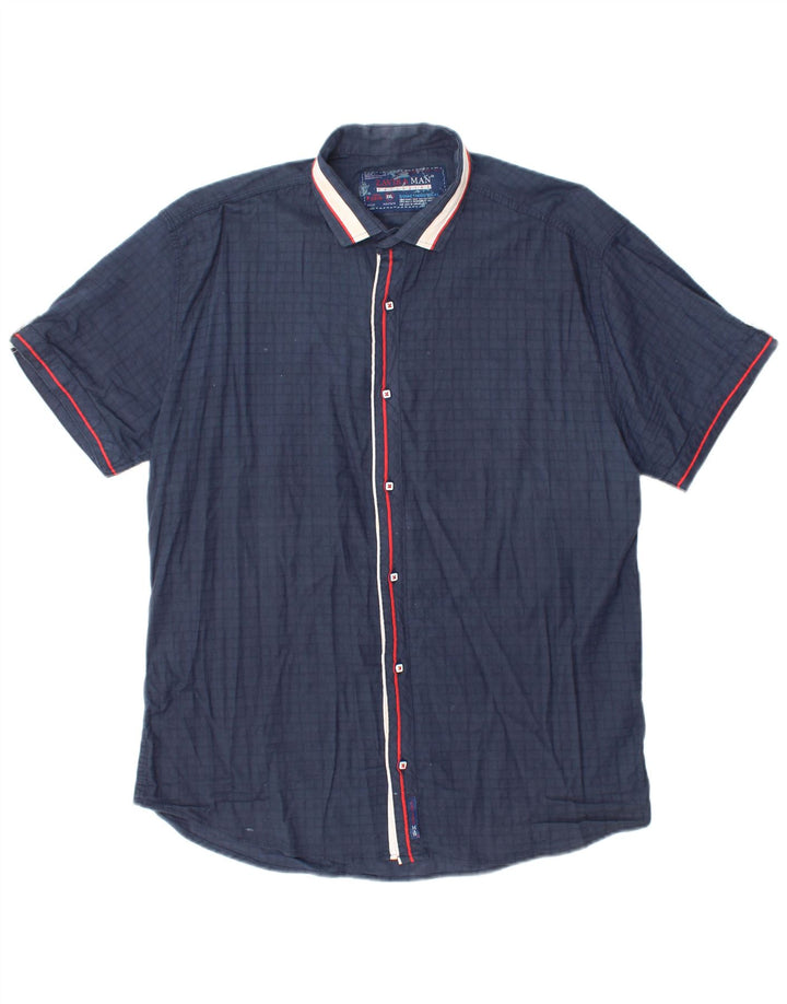 VINTAGE Mens Short Sleeve Shirt 3XL Navy Blue Gingham Cotton