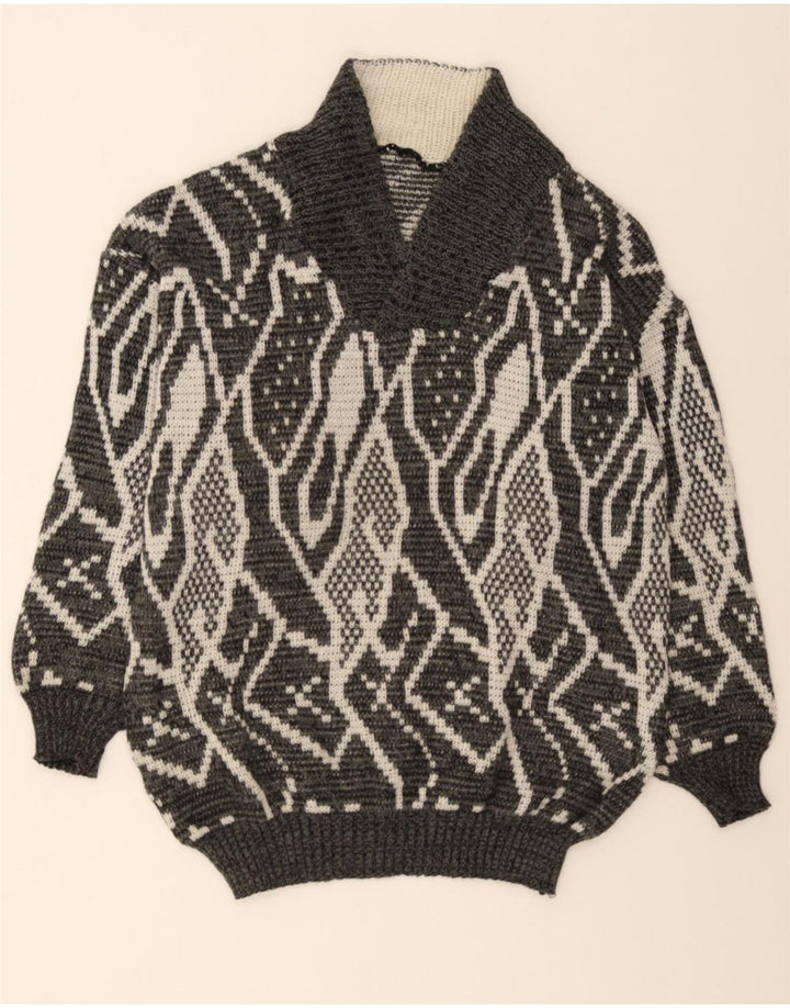 VINTAGE Mens Abstract Pattern Shawl Neck Jumper Sweater Large Grey Vintage Vintage and Second-Hand Vintage from Messina Hembry 