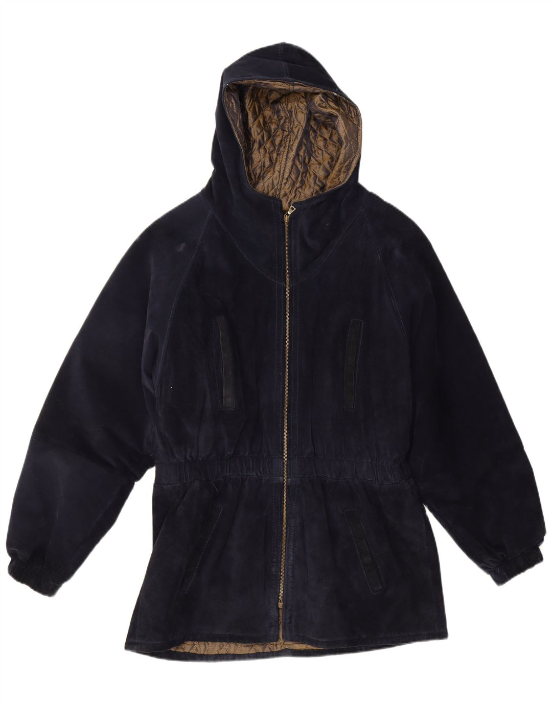 Cappotto giacca a vento in pelle scamosciata con cappuccio da donna Michael Boris IT 46 Large Blu Navy
