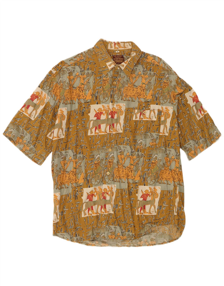 Camicia a maniche corte grafica vintage da uomo grande viscosa patchwork kaki