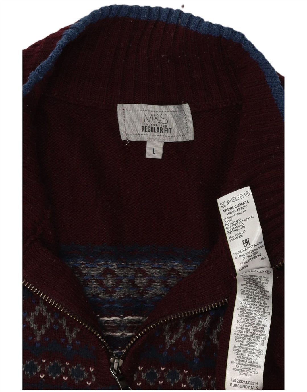 Maglione da uomo Marks & Spencer con zip e collo grande Fair Isle bordeaux
