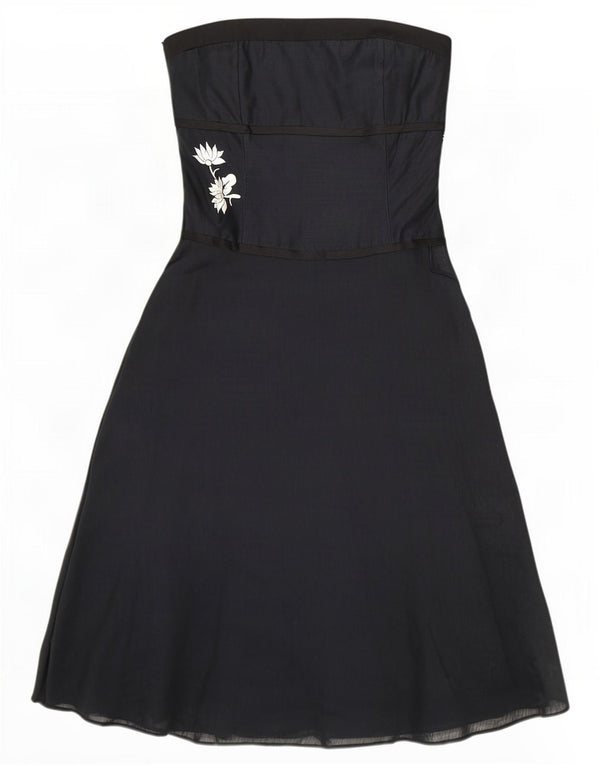 Monsoon Womens Strapless Dress UK 14 Large Navy Blue Floral Linen