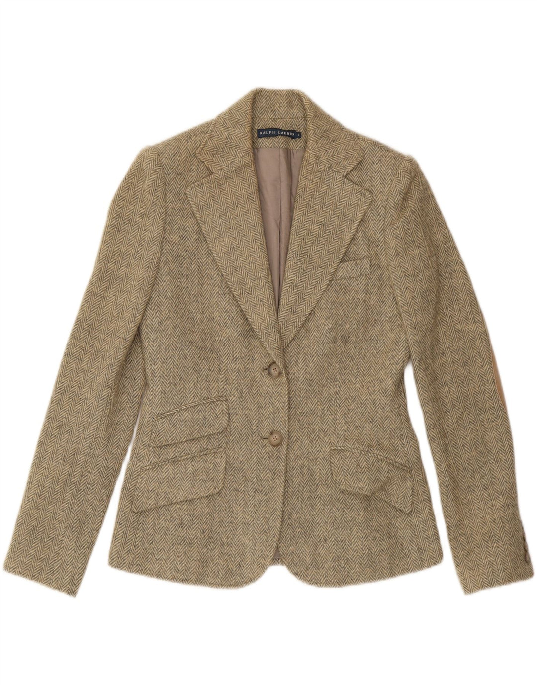 Giacca blazer da donna a 2 bottoni RALPH LAUREN US 6 a spina di pesce beige medio