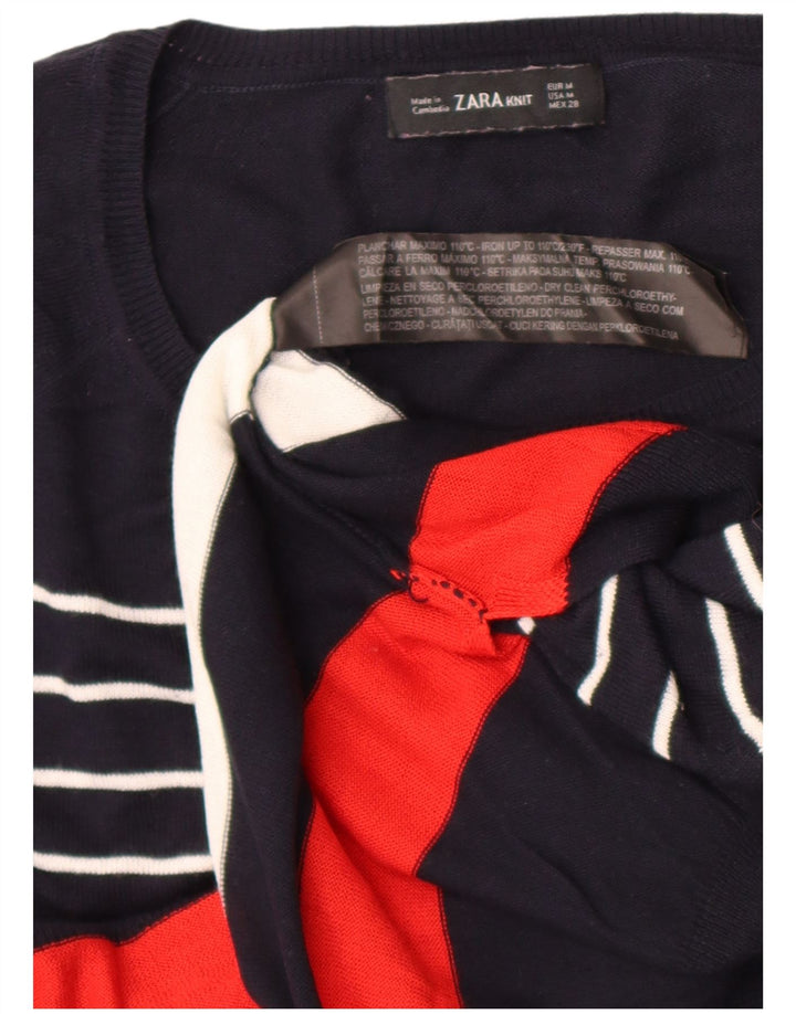 Maglione maglione girocollo da donna Zara UK 14 medio a righe blu navy