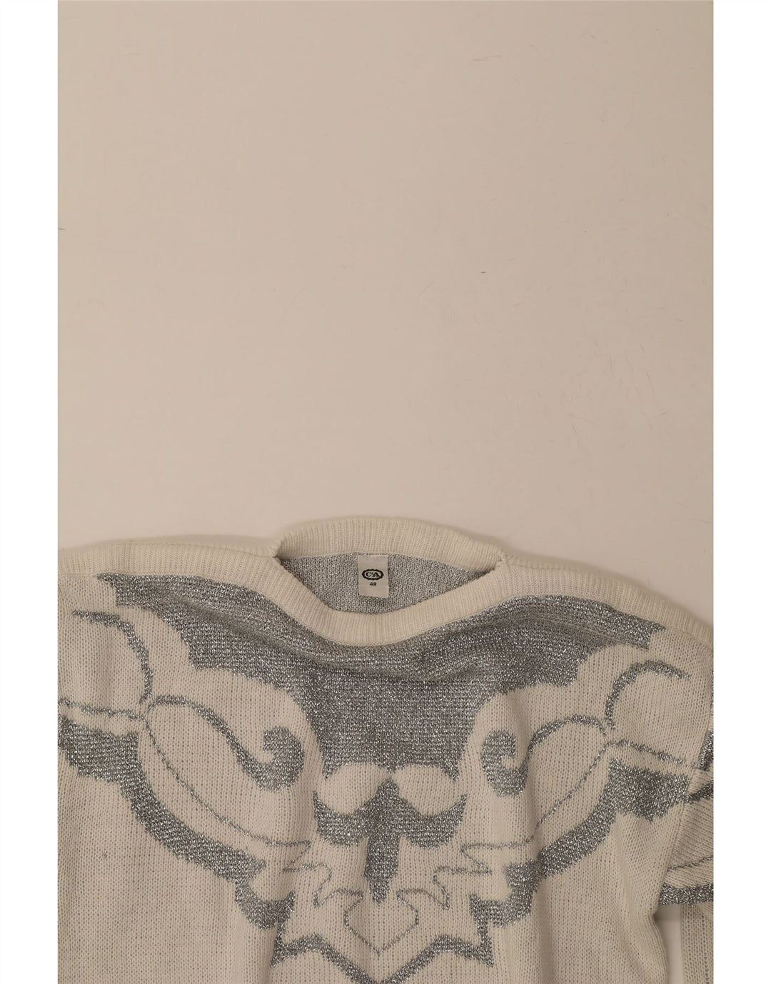 C&A Womens Abstract Pattern Boat Neck Jumper Sweater IT 48 XL White Vintage C&A and Second-Hand C&A from Messina Hembry 