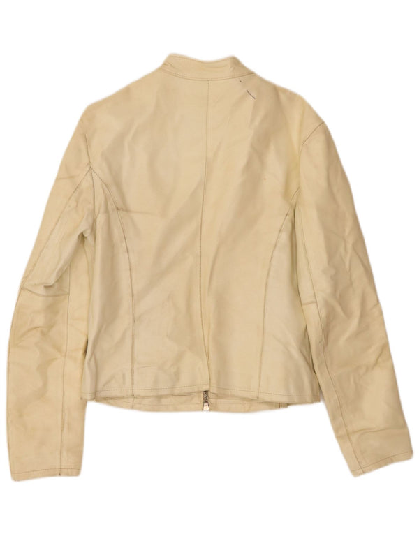Giacca da motociclista in pelle vintage da donna UK 18 XL bianco sporco
