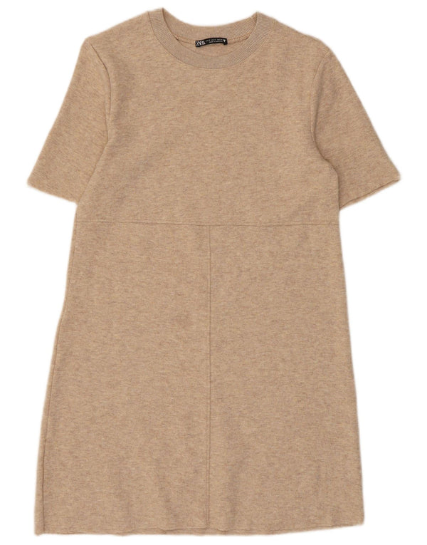 Abito maglione a maniche corte da donna Zara UK 10 piccolo poliestere beige