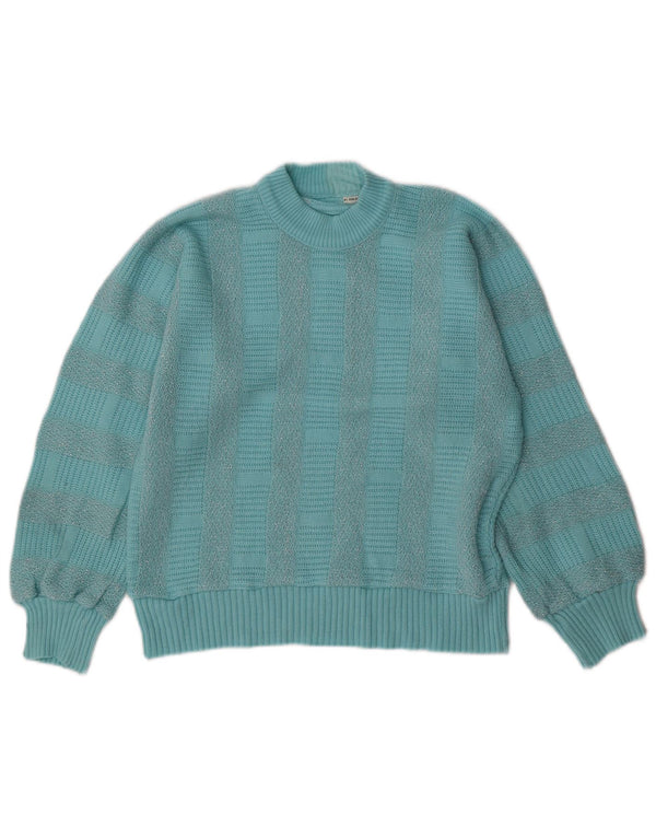 Maglione maglione collo alto da donna VINTAGE UK 14 a righe blu medio