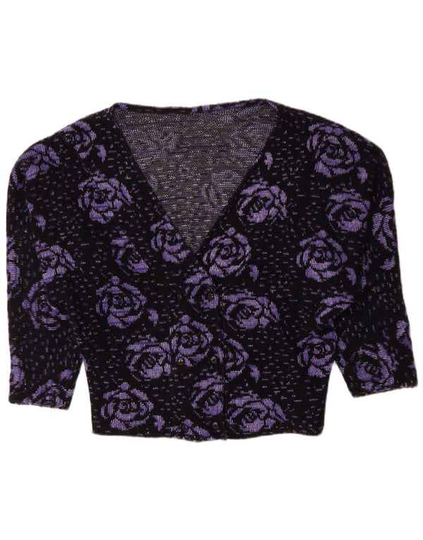 Maglione cardigan a pipistrello da donna vintage UK 16 grande floreale viola