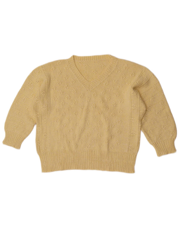 Maglione vintage da donna con scollo a V e maniche a 3/4 UK 16 grande giallo
