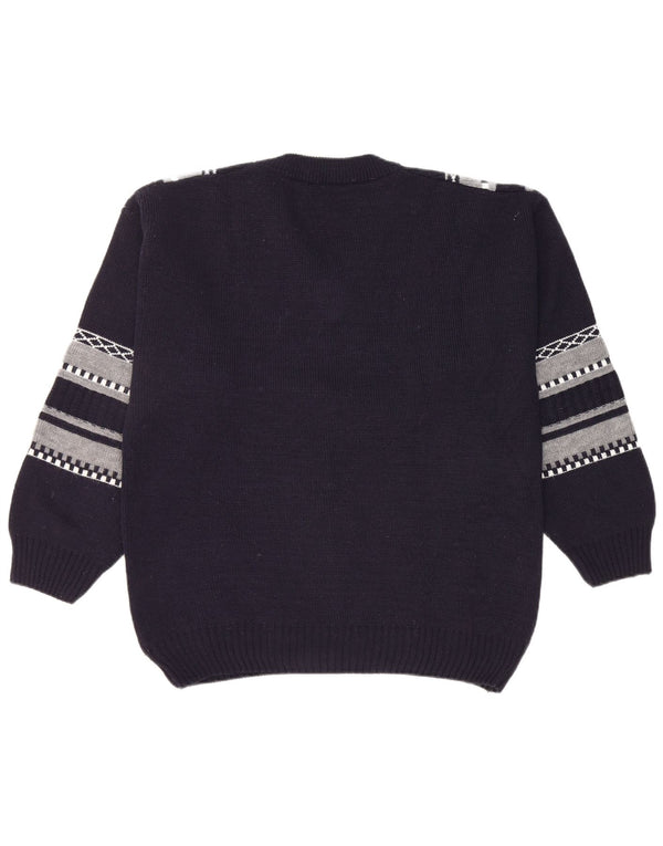 Maglione vintage da uomo con scollo a V, grande in poliacrilico a strisce blu navy