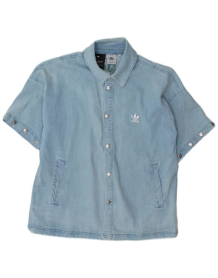Camicia in denim a maniche corte con grafica Adidas da uomo blu medio
