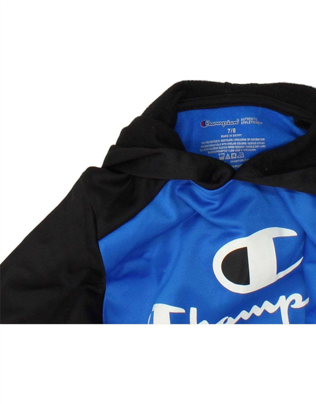 CHAMPION Boys Graphic Hoodie Jumper 7-8 Years Blue Colourblock Polyester Vintage Champion and Second-Hand Champion from Messina Hembry 