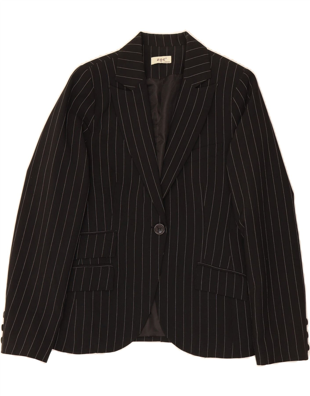 ZOE Womens 1 Button Blazer Jacket UK 12 Medium Black Pinstripe Polyester Vintage Zoe and Second-Hand Zoe from Messina Hembry 