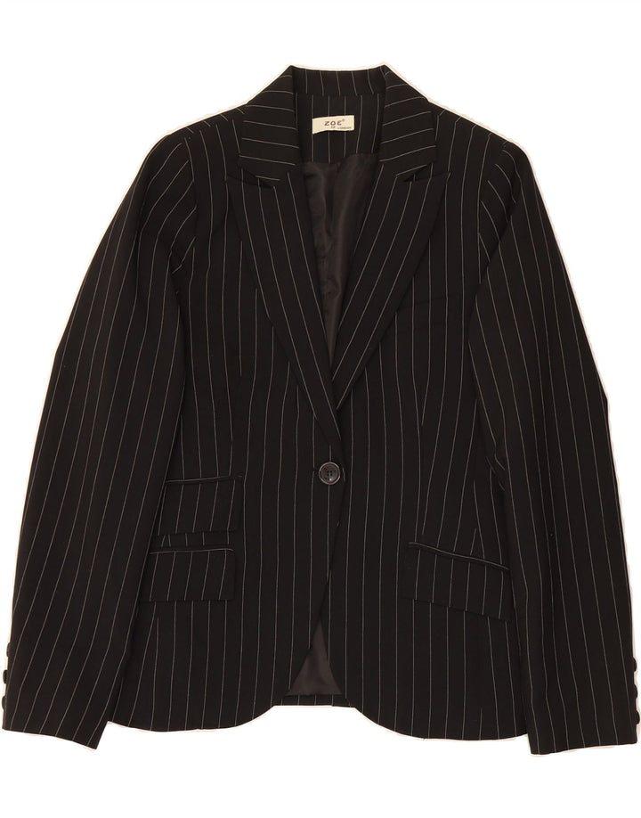 ZOE Womens 1 Button Blazer Jacket UK 12 Medium Black Pinstripe Polyester Vintage Zoe and Second-Hand Zoe from Messina Hembry 
