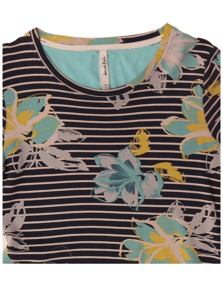 WEIRD FISH Top da donna manica 3/4 UK 10 piccolo cotone floreale blu navy