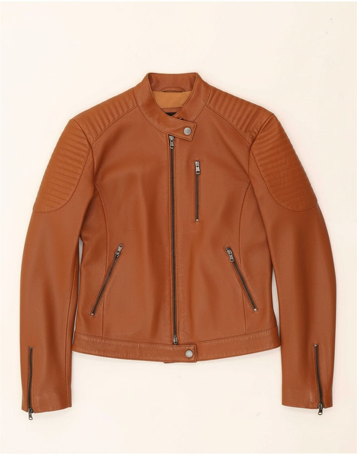 EMPORIO ARMANI Womens Biker Leather Jacket IT 38 XS Brown Leather