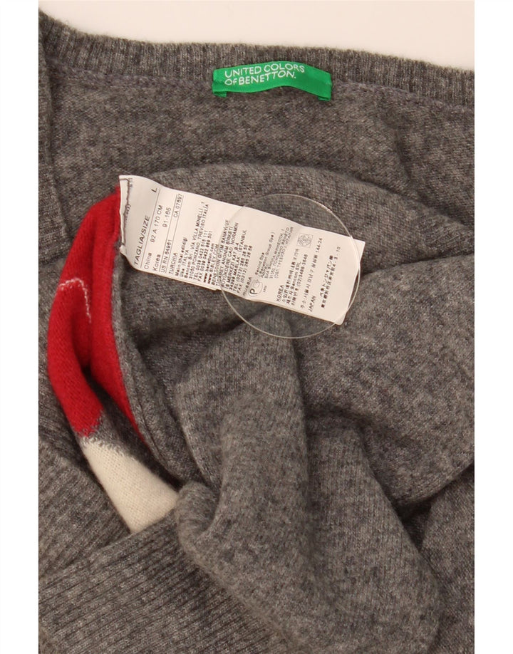 Maglione da donna con scollo a V Benetton UK 14 Large Grey Argyle/Diamond Wool