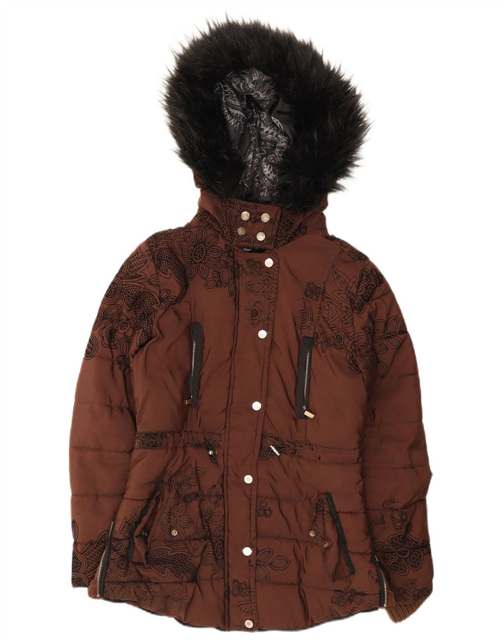 Desigual Giacca imbottita oversize con cappuccio da donna EU 36 Small Brown Floral