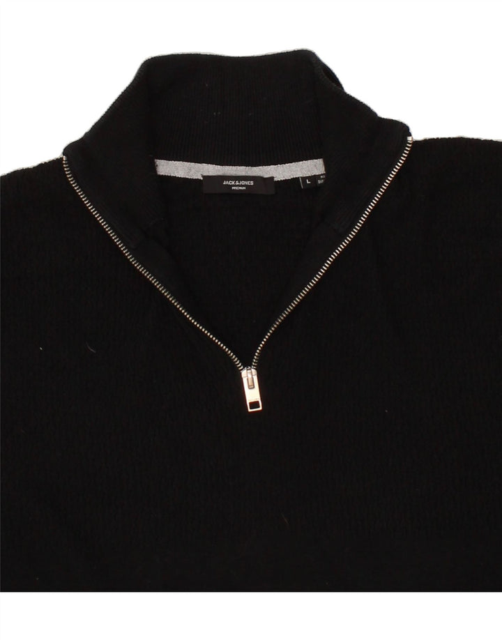 JACK & JONES Mens Premium Zip Neck Jumper Sweater Large Black Cotton Vintage Jack & Jones and Second-Hand Jack & Jones from Messina Hembry 