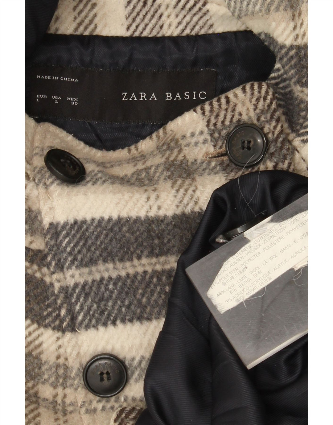 Cappotto corto doppiopetto con cappuccio da donna Zara UK 16 grande scozzese beige