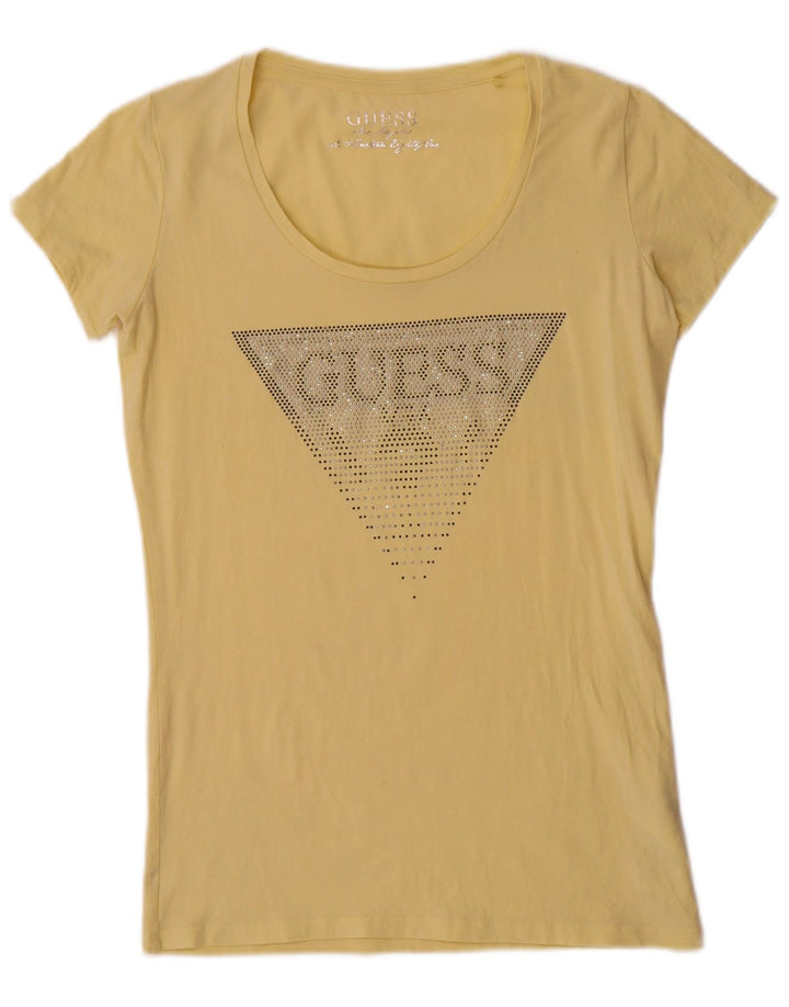 Guess T-shirt grafica da donna Top UK 12 cotone giallo medio