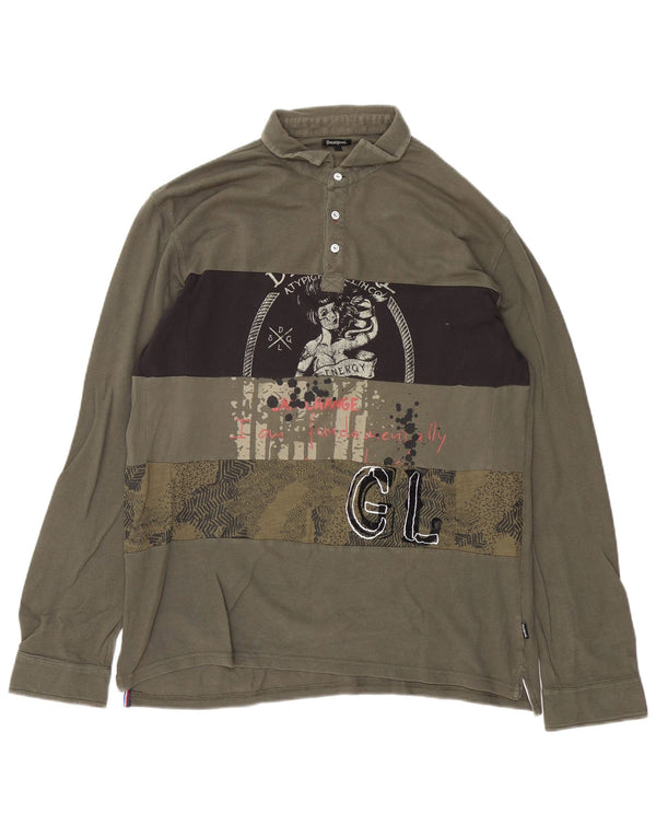 Polo da rugby da uomo con grafica a maniche lunghe Desigual XL in cotone kaki