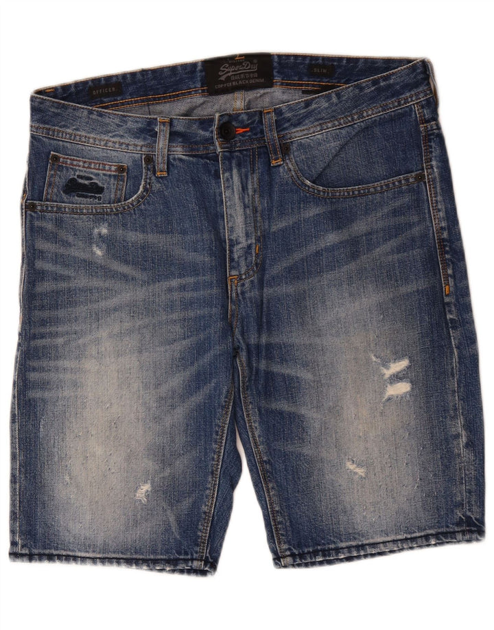 Pantaloncini di jeans slim effetto invecchiato da uomo SUPERDRY W32 cotone blu medio
