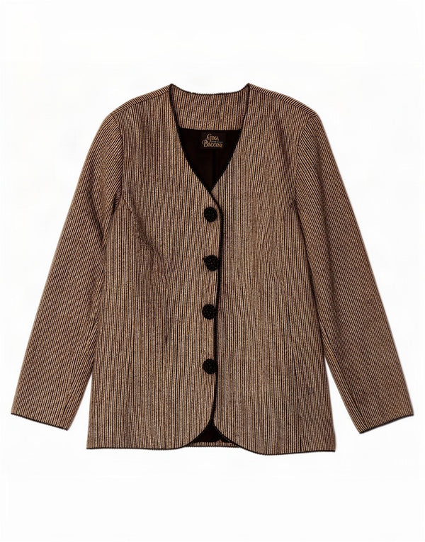 Giacca blazer da donna a 4 bottoni Gina Bacconi UK 16 grande seta gessata dorata