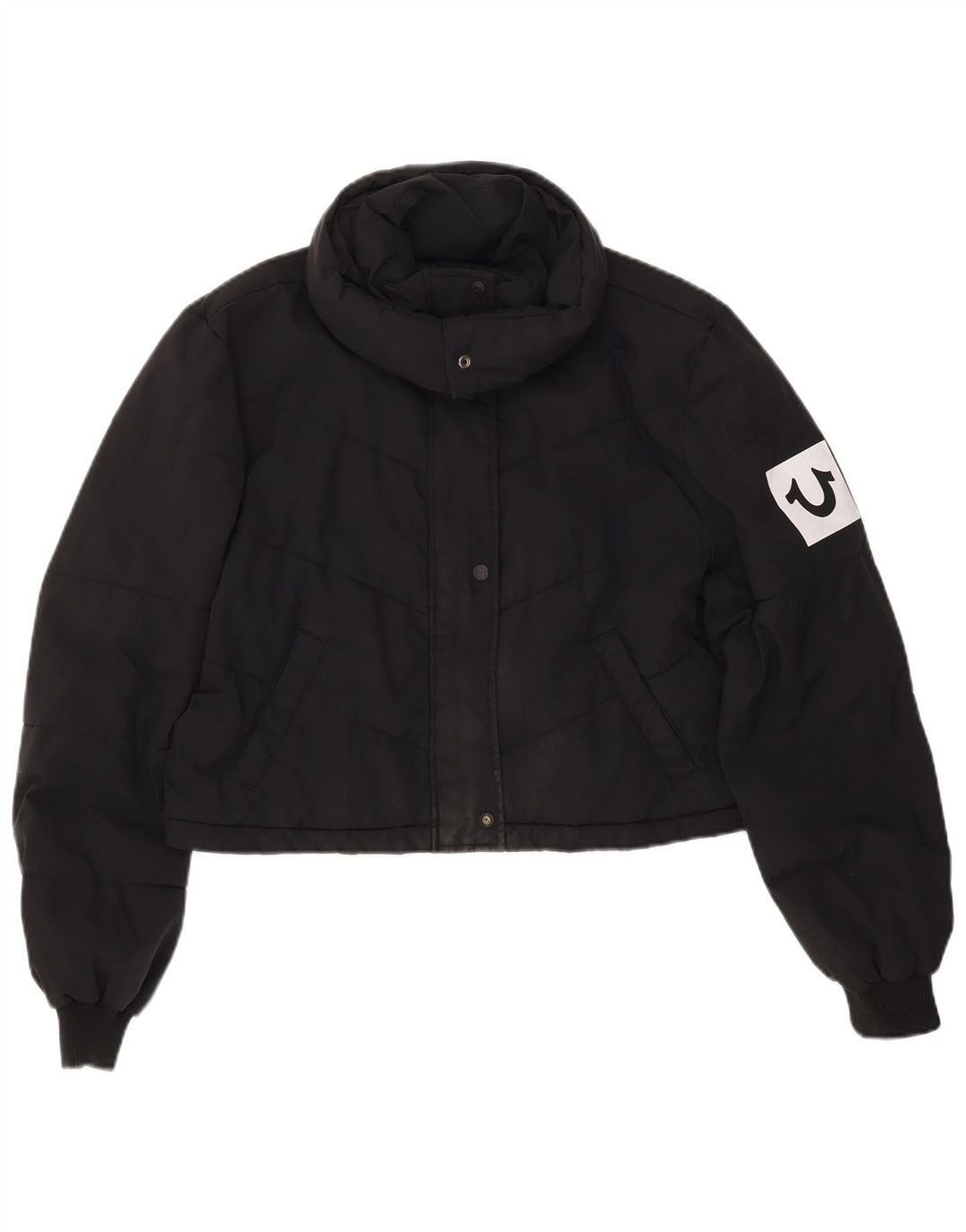 TRUE RELIGION Giacca imbottita corta da donna UK 16 Grande poliestere nero
