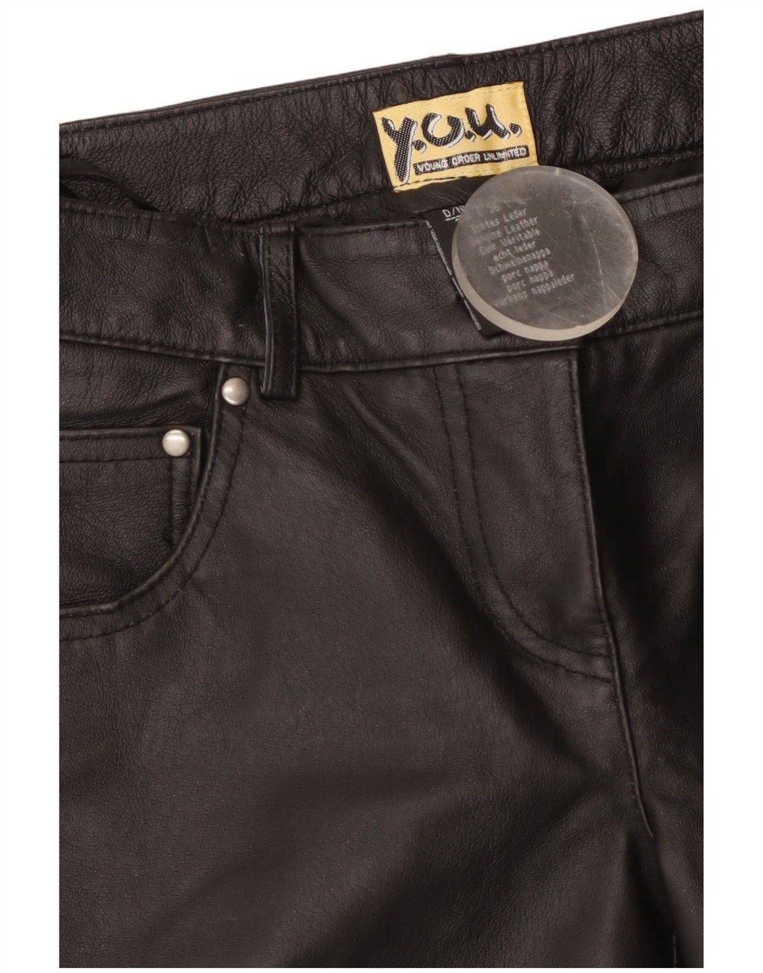 Pantaloni dritti in pelle da donna vintage EU 38 medi W28 L29 in pelle nera