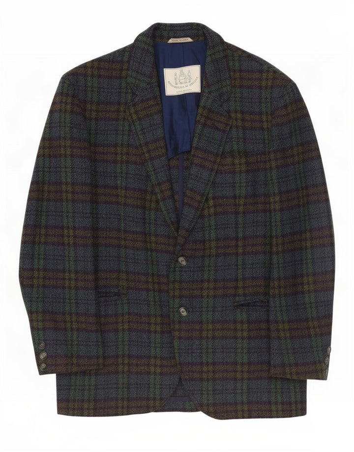 Giacca blazer vintage da uomo a 2 bottoni IT 50 grande lana a quadri blu navy