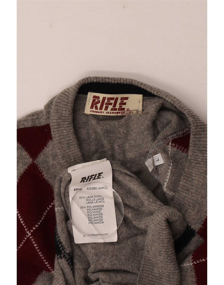 Maglione da uomo con scollo a V Rifle, grande lana grigia a rombi/diamante
