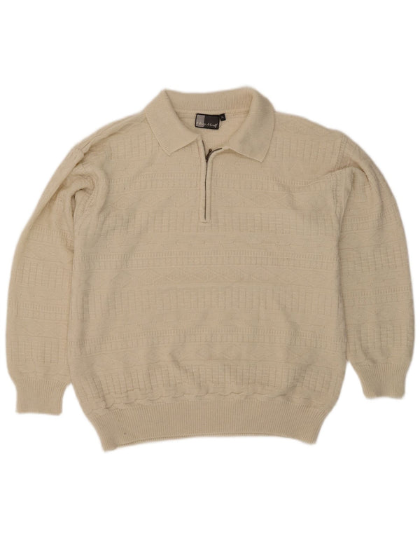 Maglione polo da uomo con zip e collo Henry Morell XL in acrilico a quadri bianco sporco