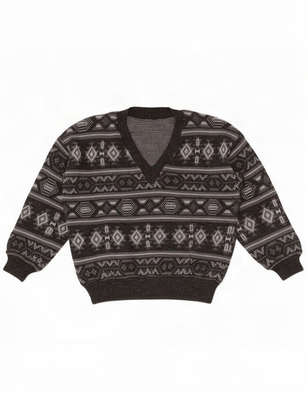 Maglione vintage da uomo con scollo a V, grande grigio Fair Isle