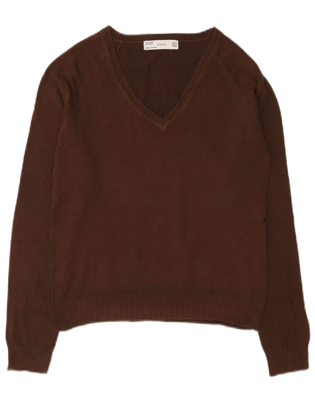 Maglione da donna con scollo a V Zara UK 12 Cotone marrone medio