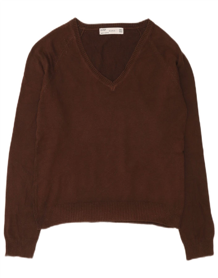 Maglione da donna con scollo a V Zara UK 12 Cotone marrone medio