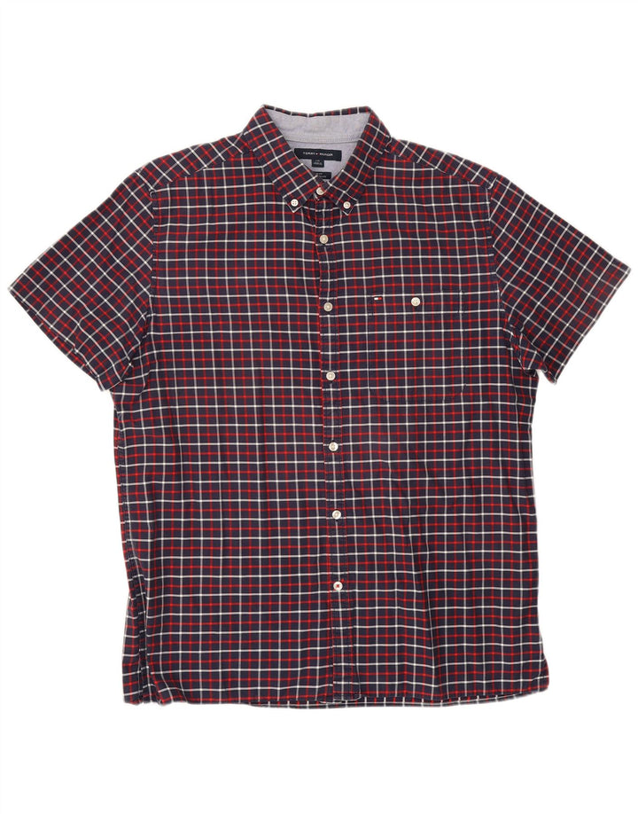 Camicia slim fit a maniche corte da uomo Tommy Hilfiger, grande motivo a quadri blu navy