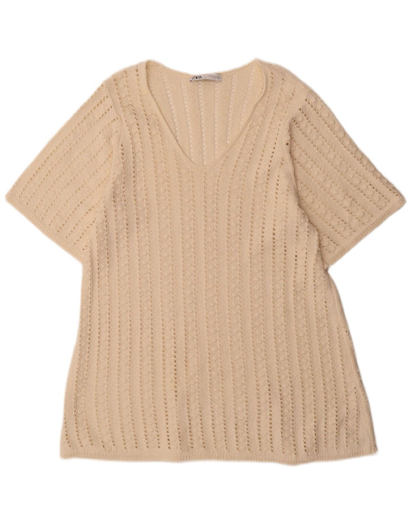Abito maglione da donna all'uncinetto a maniche corte Zara UK 14 medio bianco sporco