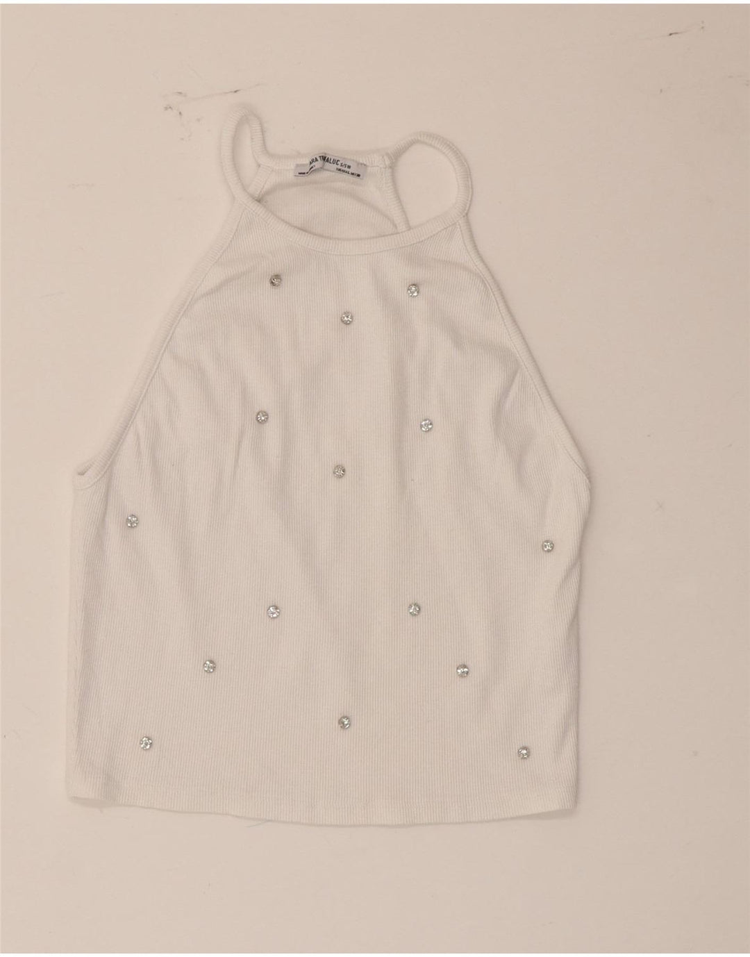 Top corto da donna Zara UK 14 grande cotone maculato bianco