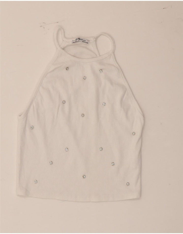 Top corto da donna Zara UK 14 grande cotone maculato bianco
