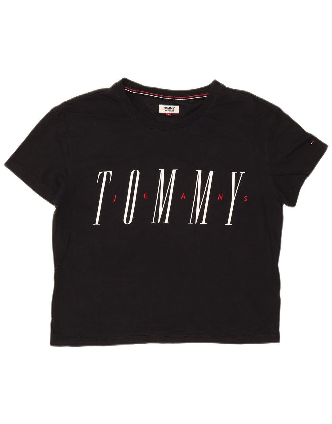 TOMMY HILFIGER T-shirt grafica oversize corta da donna Top UK 10 piccola nera