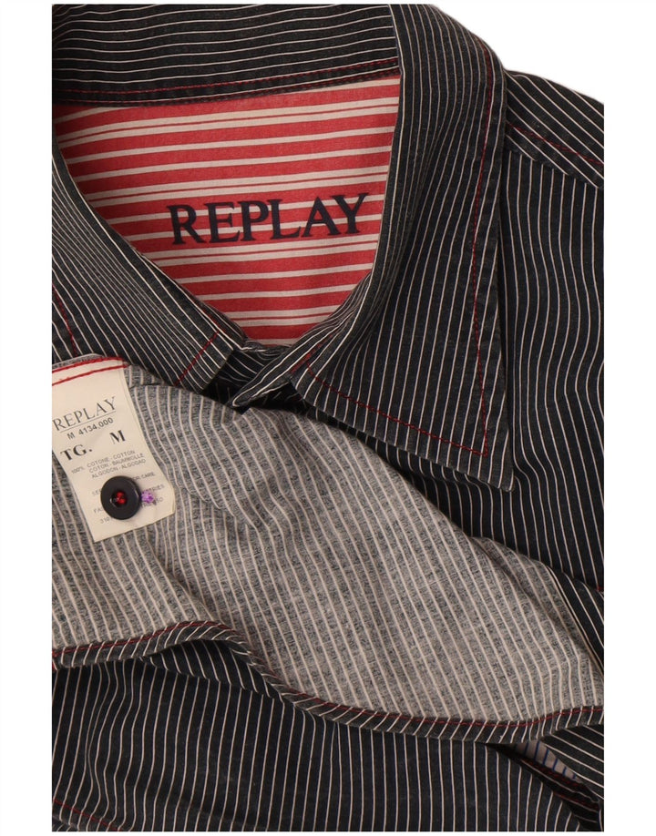 Replay Camicia grafica da uomo a maniche corte in cotone a righe nere medie