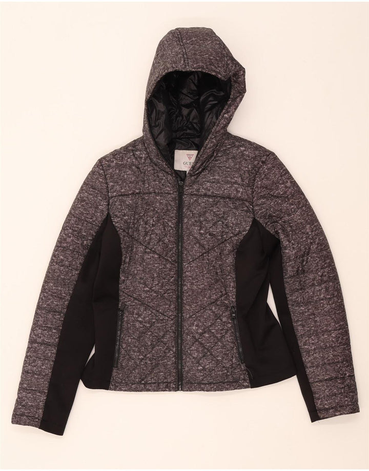GUESS Womens Hooded Padded Jacket UK 14 Large Grey Colourblock Acrylic Vintage Guess and Second-Hand Guess from Messina Hembry 