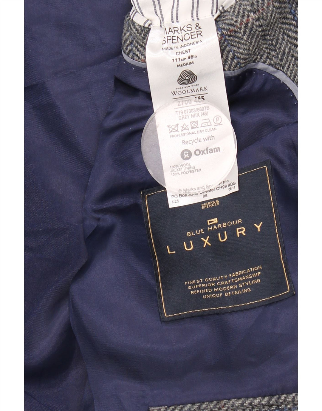 Giacca blazer a 2 bottoni da uomo Marks & Spencer UK 46 XL lana a spina di pesce grigia